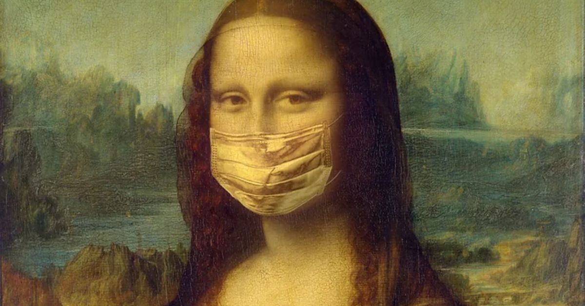 The famous Mona Lisa but wearing a white surgical mask.